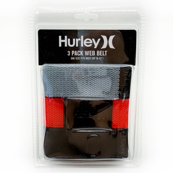 Hurley 3 Pack Web Belts Golf Casual Adjustable Neon Red Black Gray Mens Gift - Picture 1 of 8